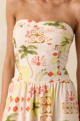 Live For The Moment Beige Tropical Print Linen Strapless Midi Dress